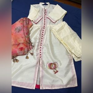 Chic Cream and Pink Embroidered Long Sleeve Dress